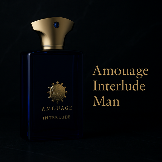 Dark-themed close-up of Amouage Interlude Man perfume bottle highlighting its luxurious design